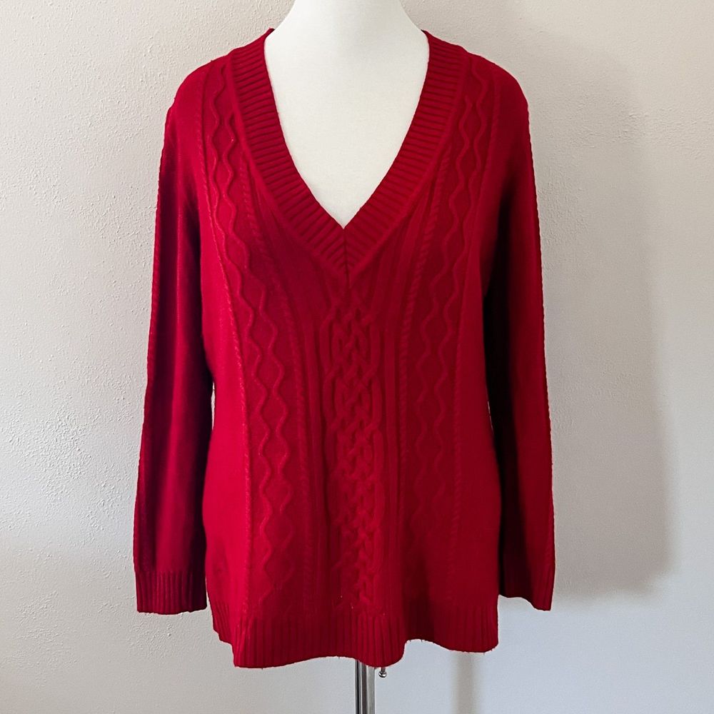 Vintage NY & Co V Neck Cable Sweater Red Sz XL
